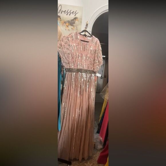 Mac Duggal Blush Sequin Embellished Full Length Layered Sleeve Gown Dress - Picture 13 of 13